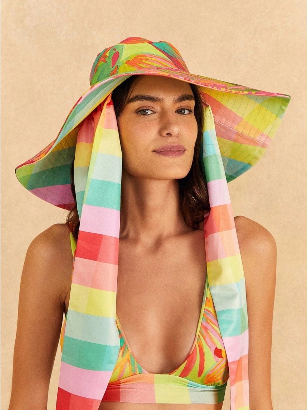 Farm Rio Tropical Garden Sun Hat OS Multi Lime Painted Birds Striped Wide Brim